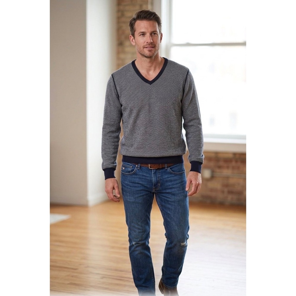 Peter Millar Crown Men XL Slim Fit V-Neck Sweater Cotton Cashmere Navy Grey